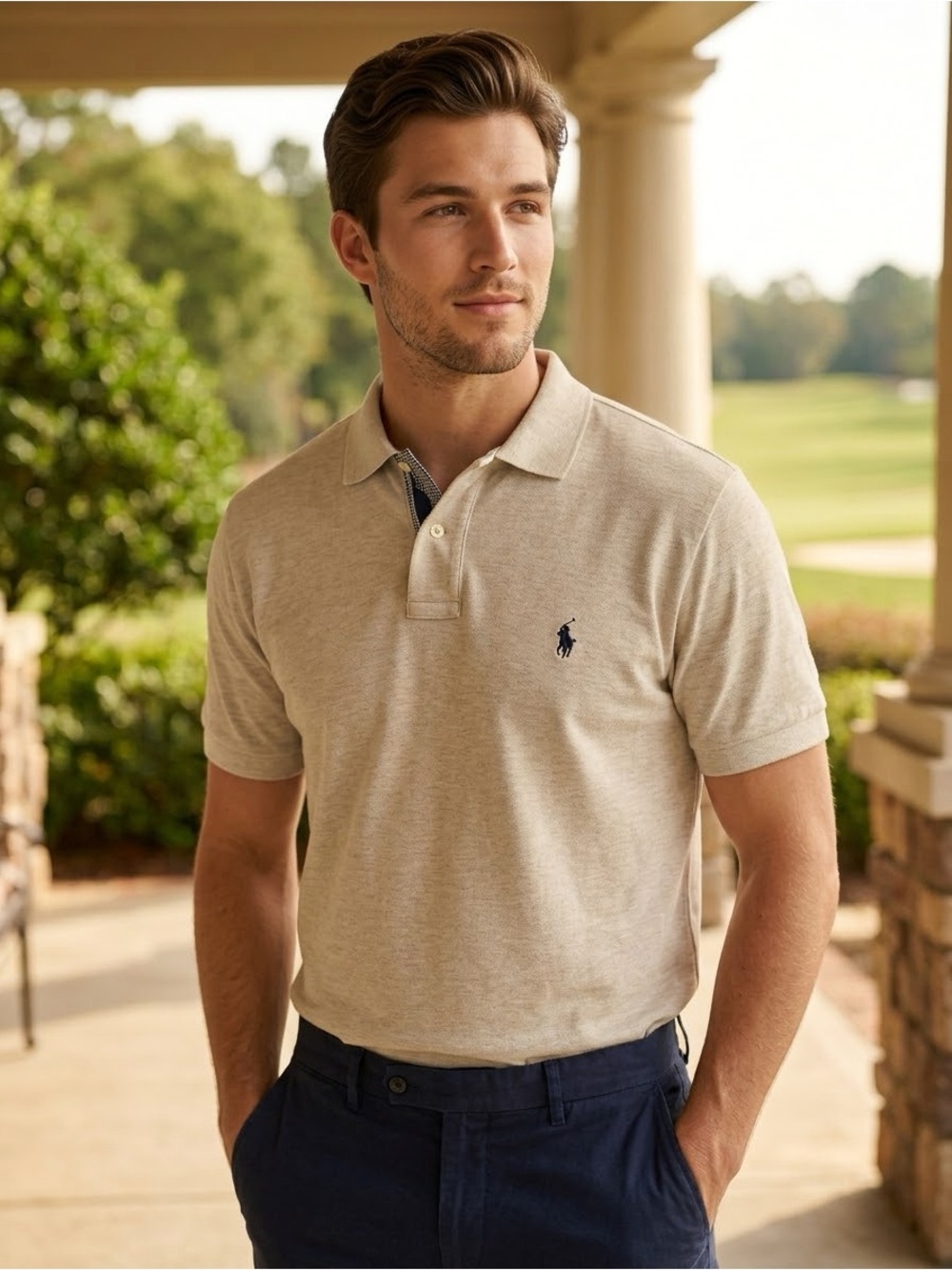 Polo Ralph Lauren Men’s XL Heather Cream Beige Cotton Pique Polo Navy Pony